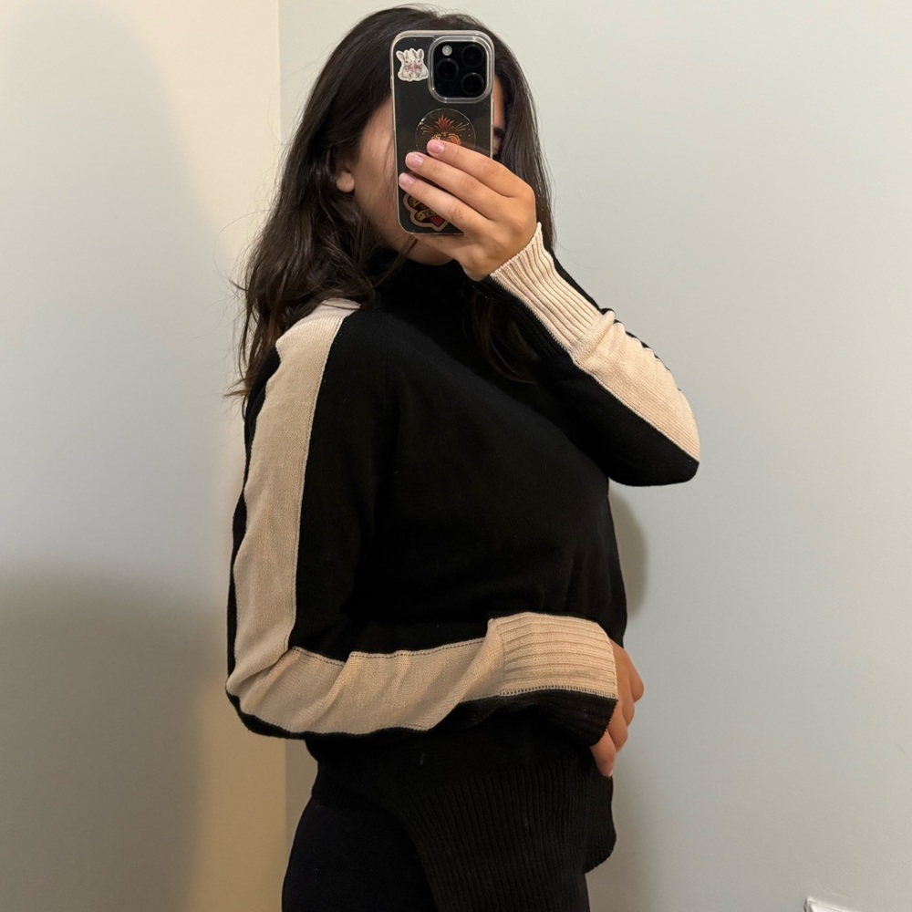 Black and Cream Sweater with Striped Sleeves